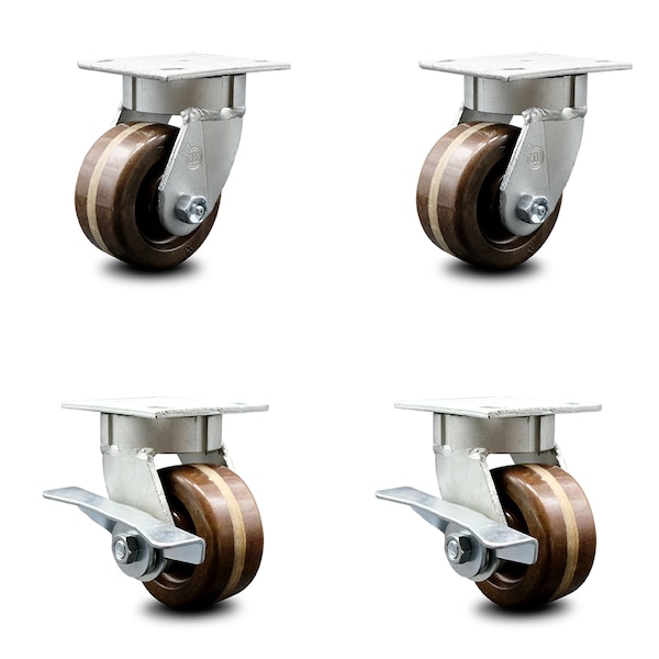 4 Inch Kingpinless High Temp Phenolic Wheel Swivel Caster Set with 2 Brakes SCC